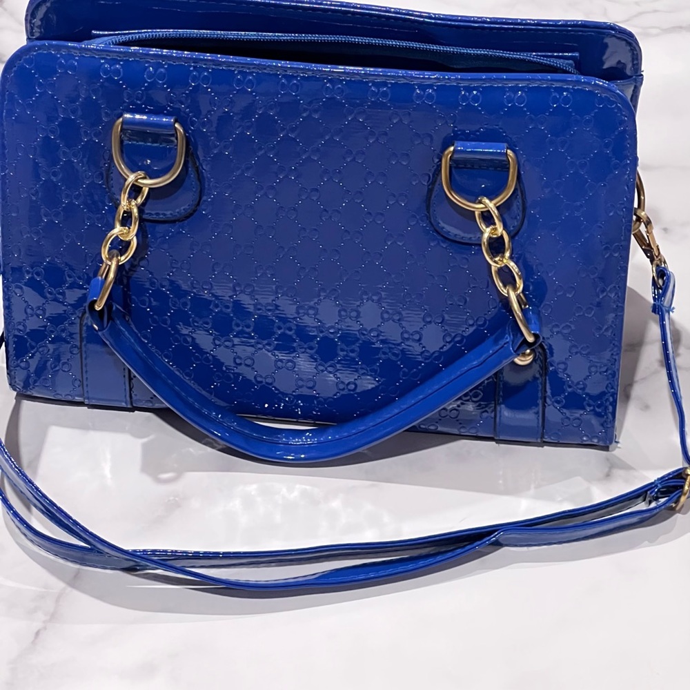 Electric Blue Satchel Bag Faux Leather Twin Handles Embossed Details Zip Section